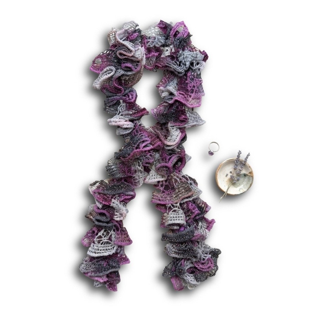 Handmade Crochet Ruffle Scarf Purple Grey Black Metallic Lace Knit Boa Scarf